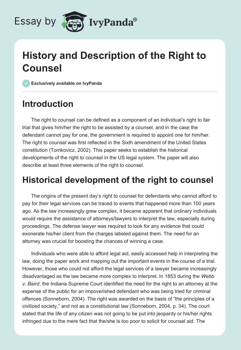 History and Description of the Right to Counsel. Page 1