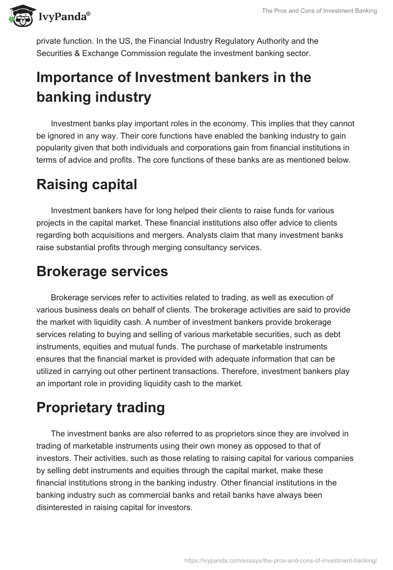 The Pros and Cons of Investment Banking. Page 2