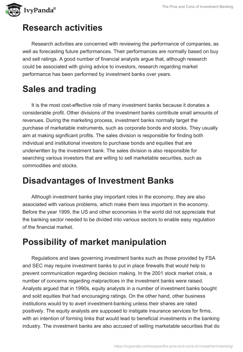 The Pros and Cons of Investment Banking. Page 3