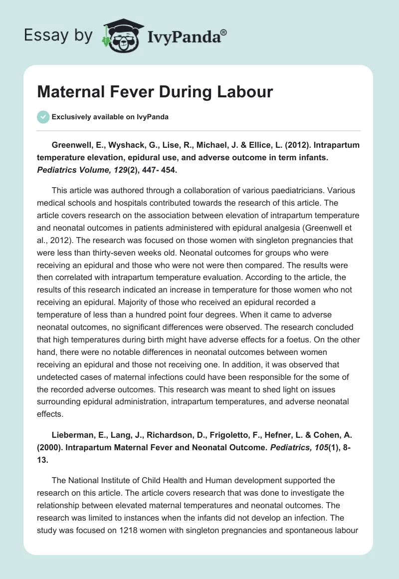 Maternal Fever During Labour. Page 1