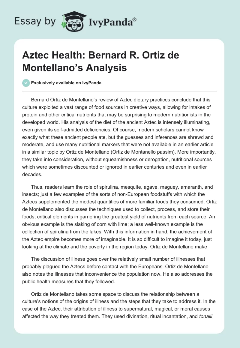 Aztec Health: Bernard R. Ortiz de Montellano’s Analysis. Page 1