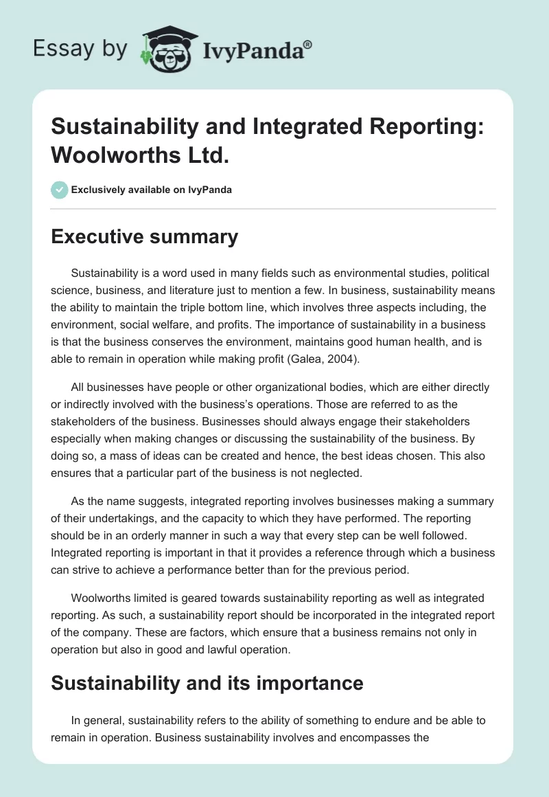Sustainability and Integrated Reporting: Woolworths Ltd.. Page 1