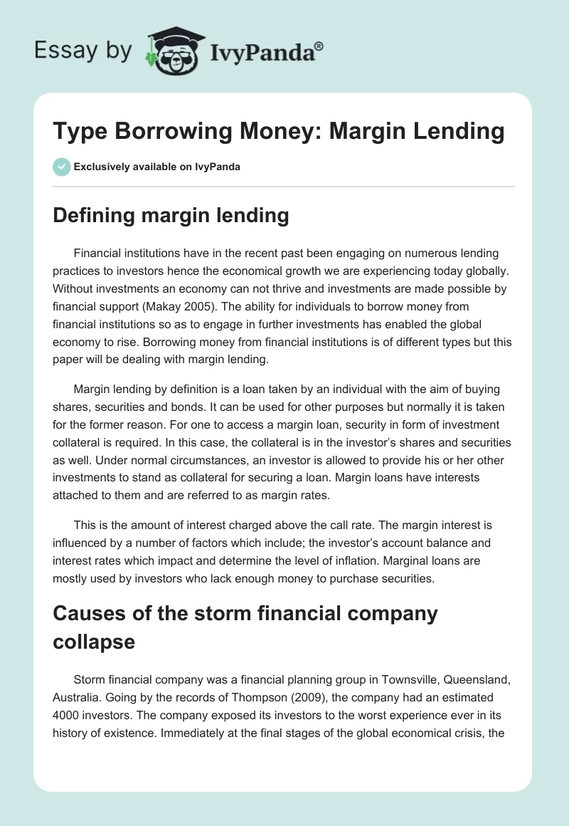 Type Borrowing Money: Margin Lending. Page 1