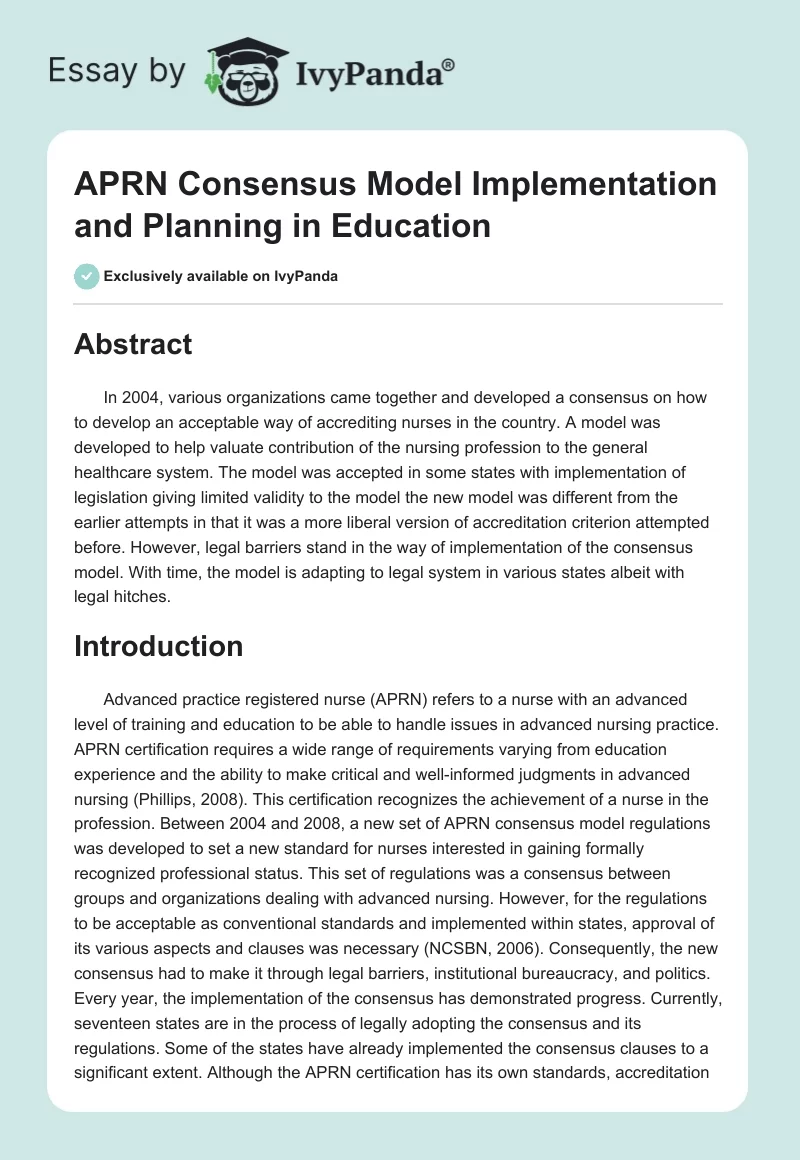 APRN Consensus Model Implementation and Planning in Education. Page 1