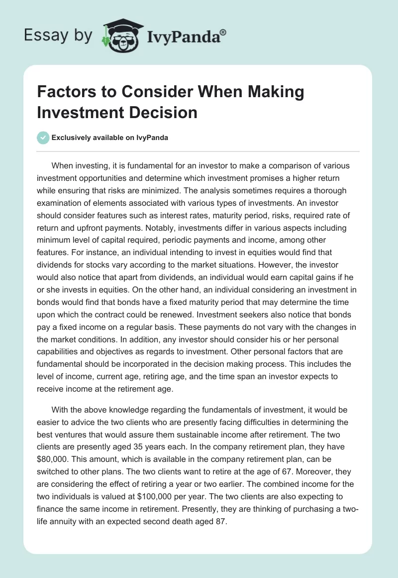 Factors to Consider When Making Investment Decision. Page 1