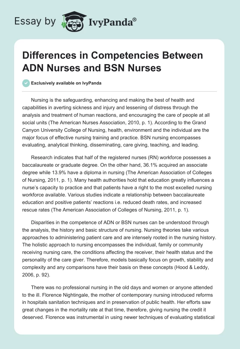 Differences in Competencies Between ADN Nurses and BSN Nurses. Page 1