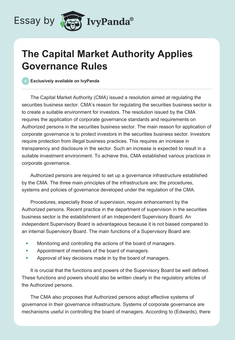 The Capital Market Authority Applies Governance Rules. Page 1