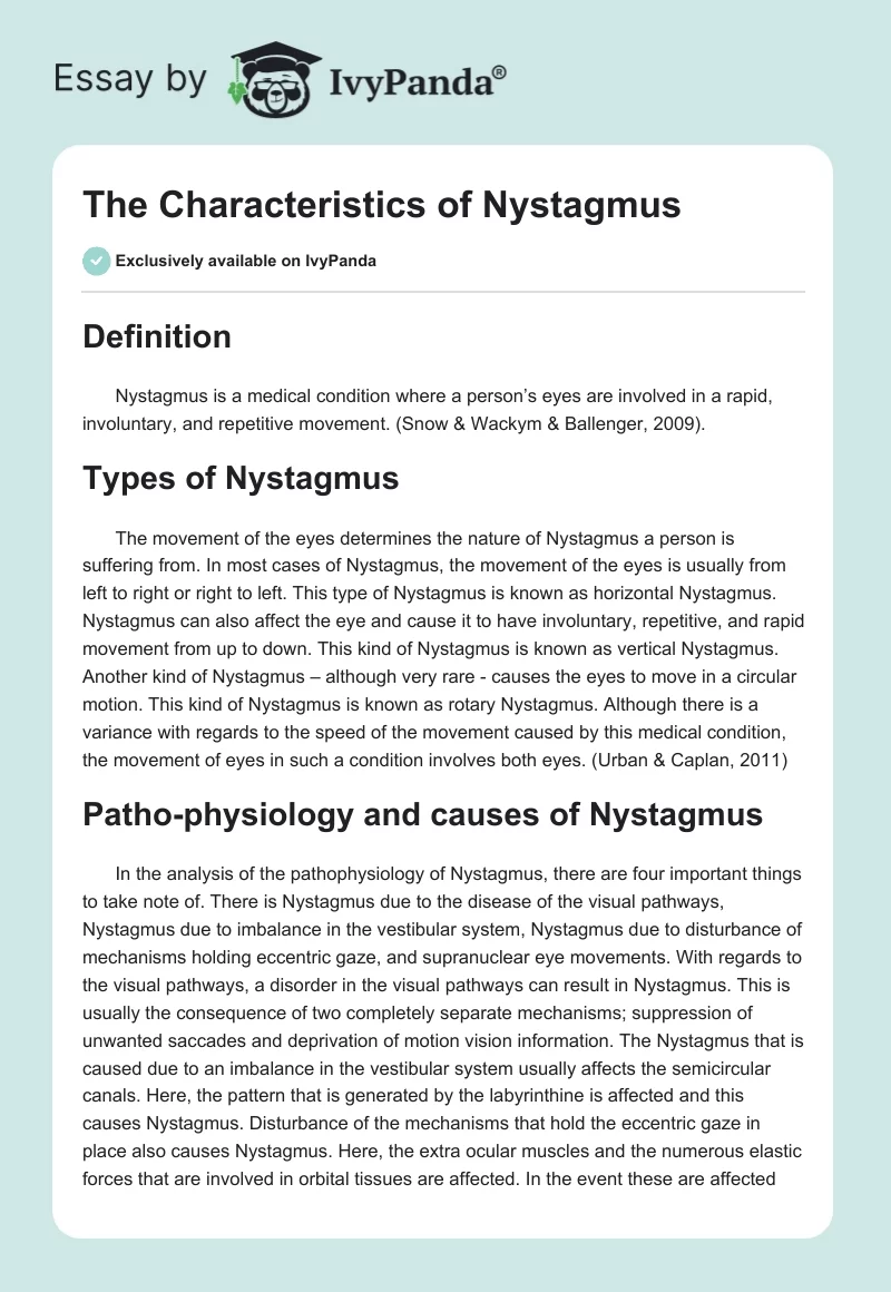 The Characteristics of Nystagmus. Page 1