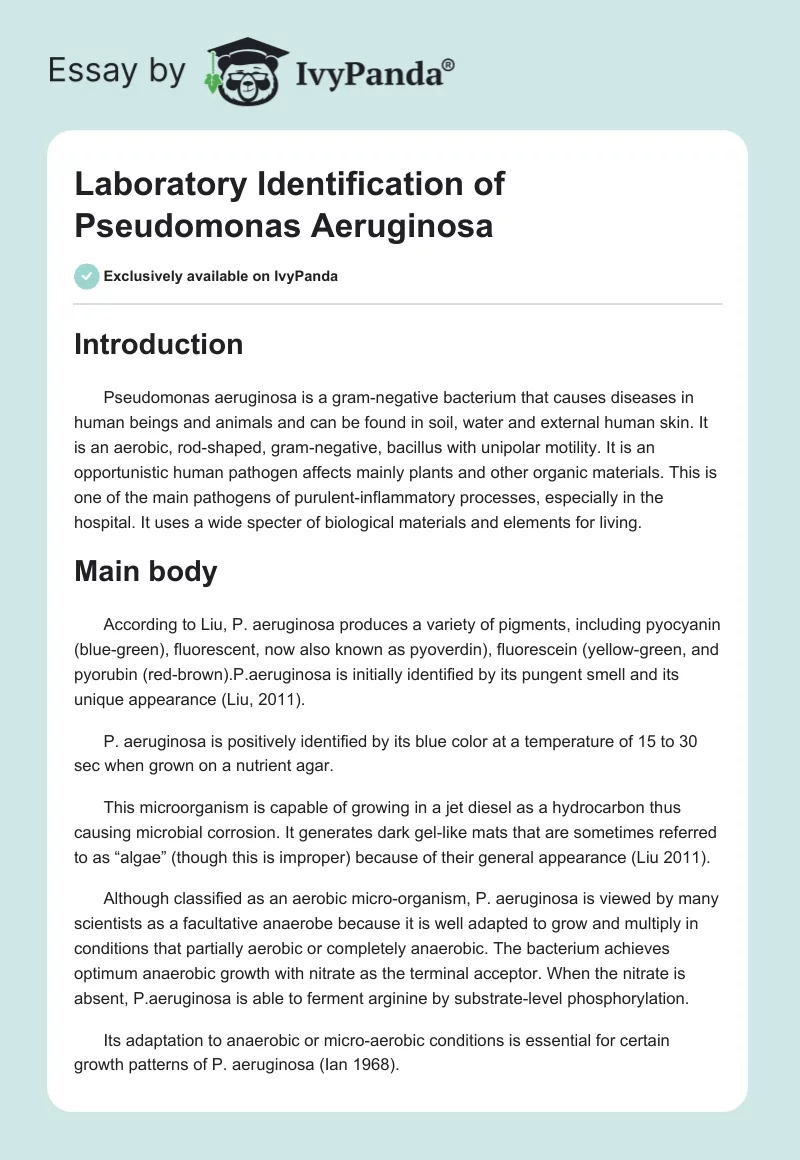 Laboratory Identification of Pseudomonas Aeruginosa. Page 1