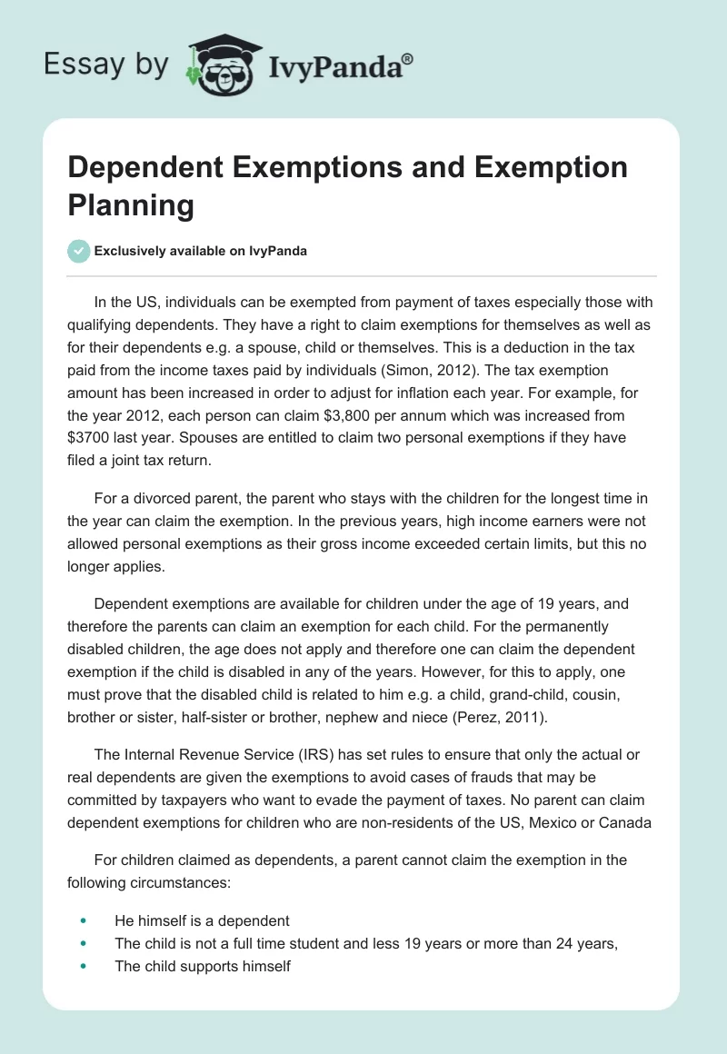 Dependent Exemptions and Exemption Planning. Page 1