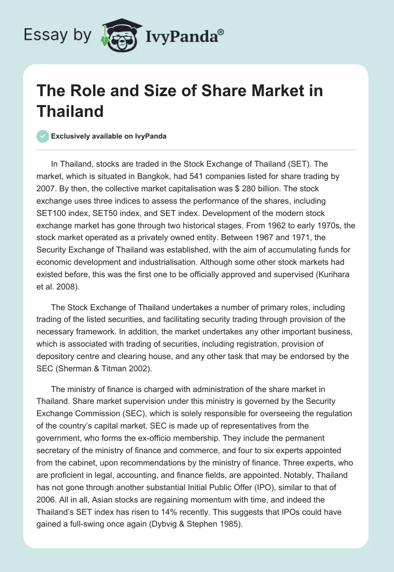 The Role and Size of Share Market in Thailand. Page 1