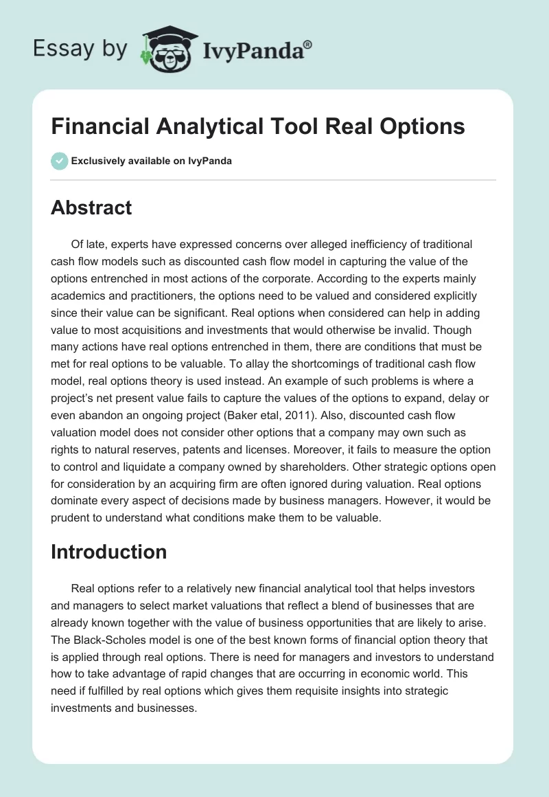 Financial Analytical Tool Real Options. Page 1