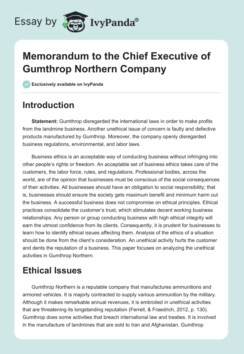 Memorandum to the Chief Executive of Gumthrop Northern Company. Page 1