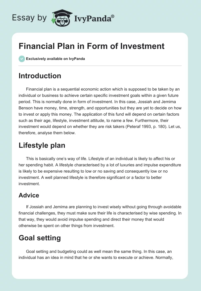 Financial Plan in Form of Investment. Page 1