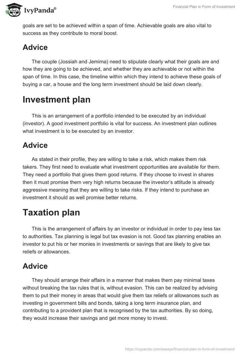 Financial Plan in Form of Investment. Page 2