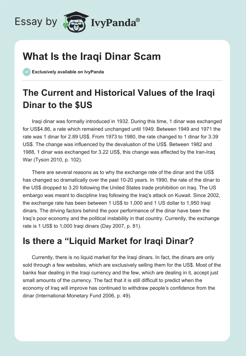 What Is the Iraqi Dinar Scam. Page 1