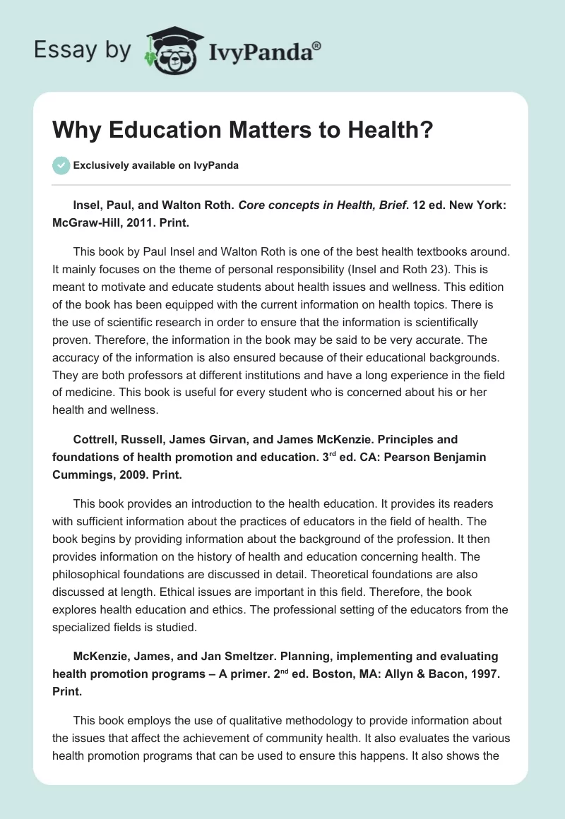 Why Education Matters to Health?. Page 1