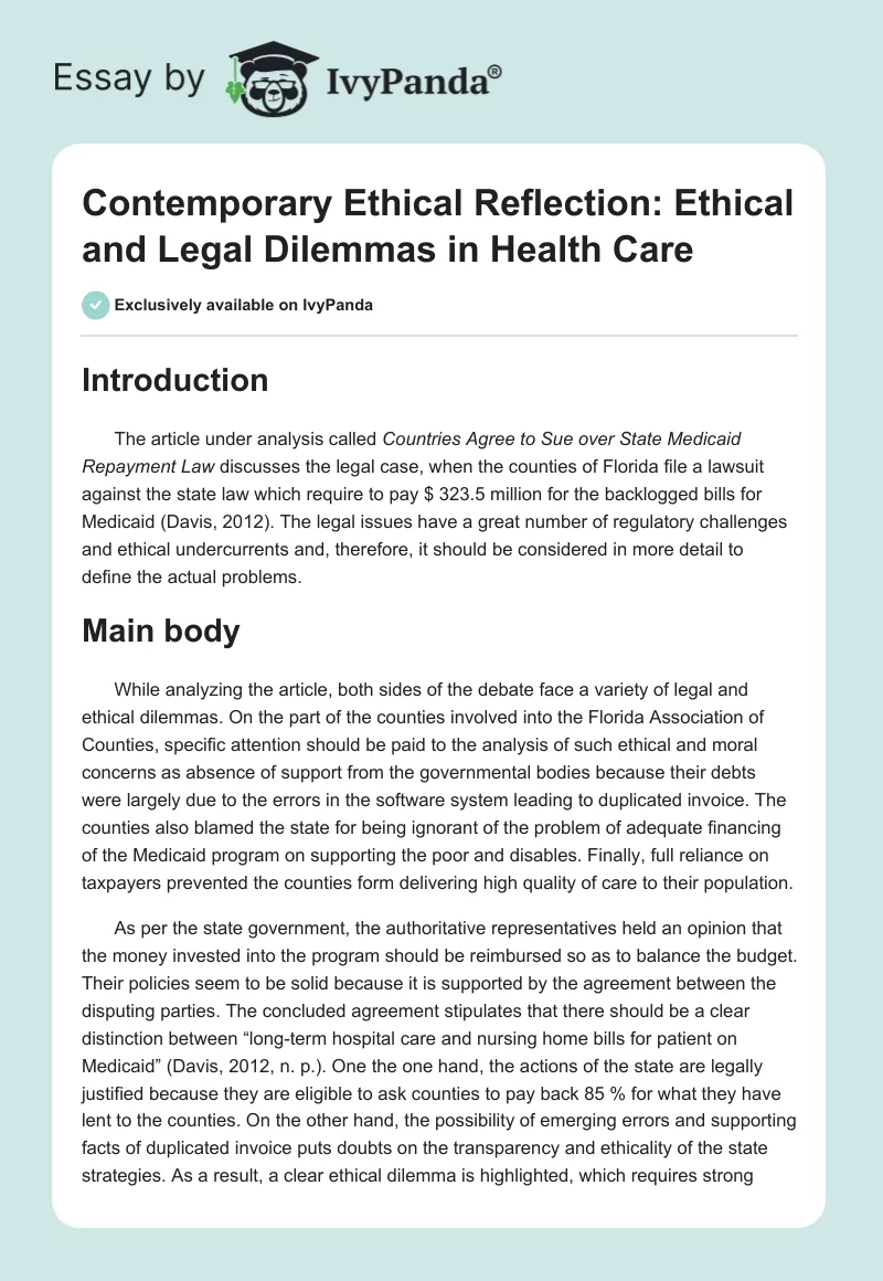 Contemporary Ethical Reflection: Ethical and Legal Dilemmas in Health Care. Page 1