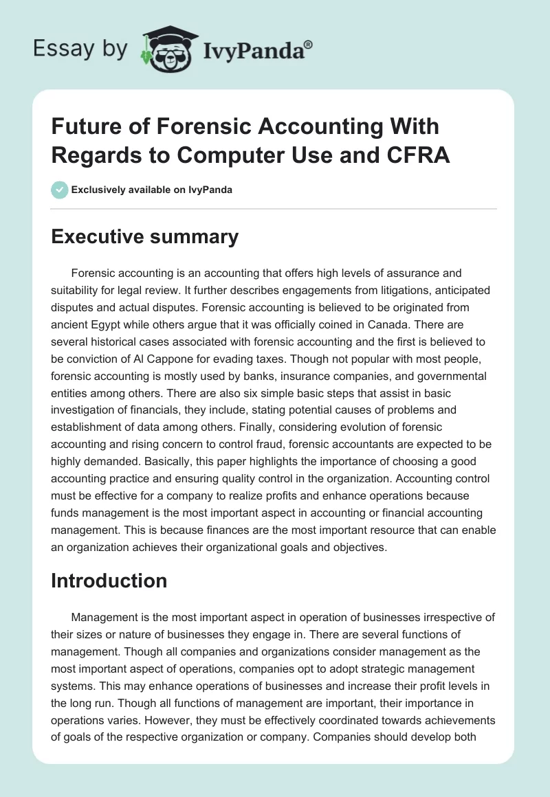 Future of Forensic Accounting With Regards to Computer Use and CFRA. Page 1