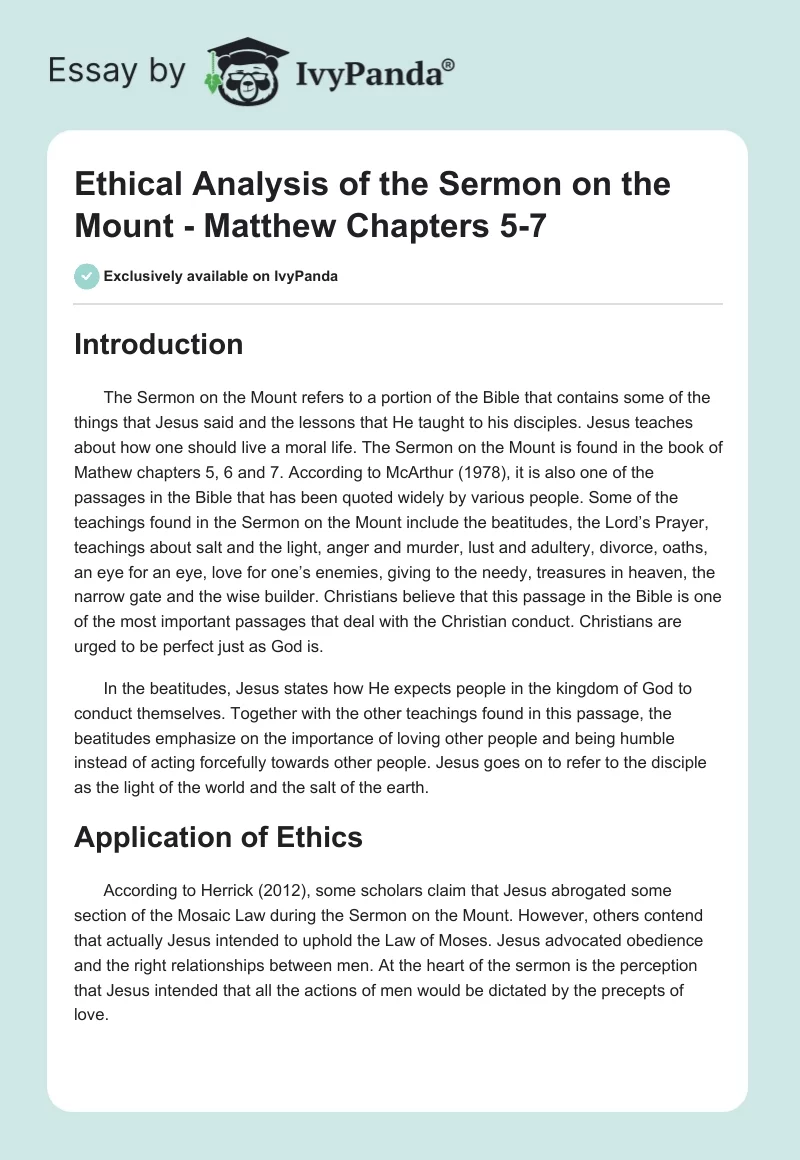 Ethical Analysis of the Sermon on the Mount - Matthew Chapters 5-7. Page 1
