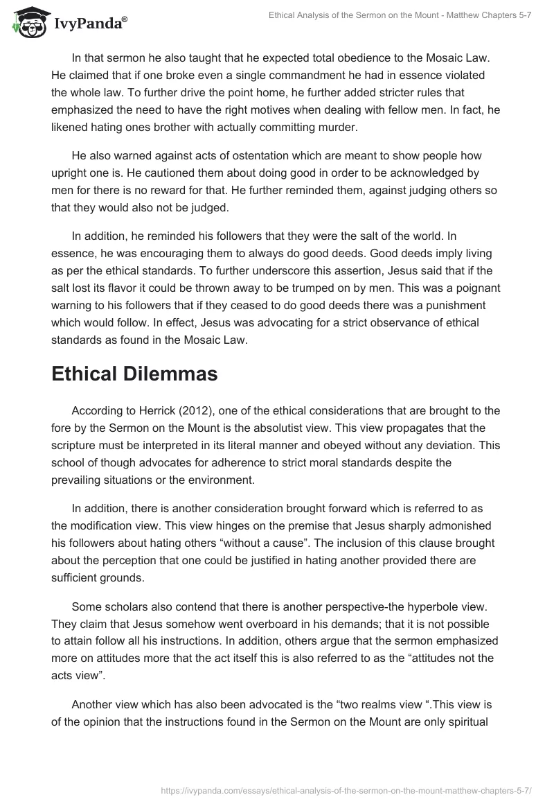 Ethical Analysis of the Sermon on the Mount - Matthew Chapters 5-7. Page 2