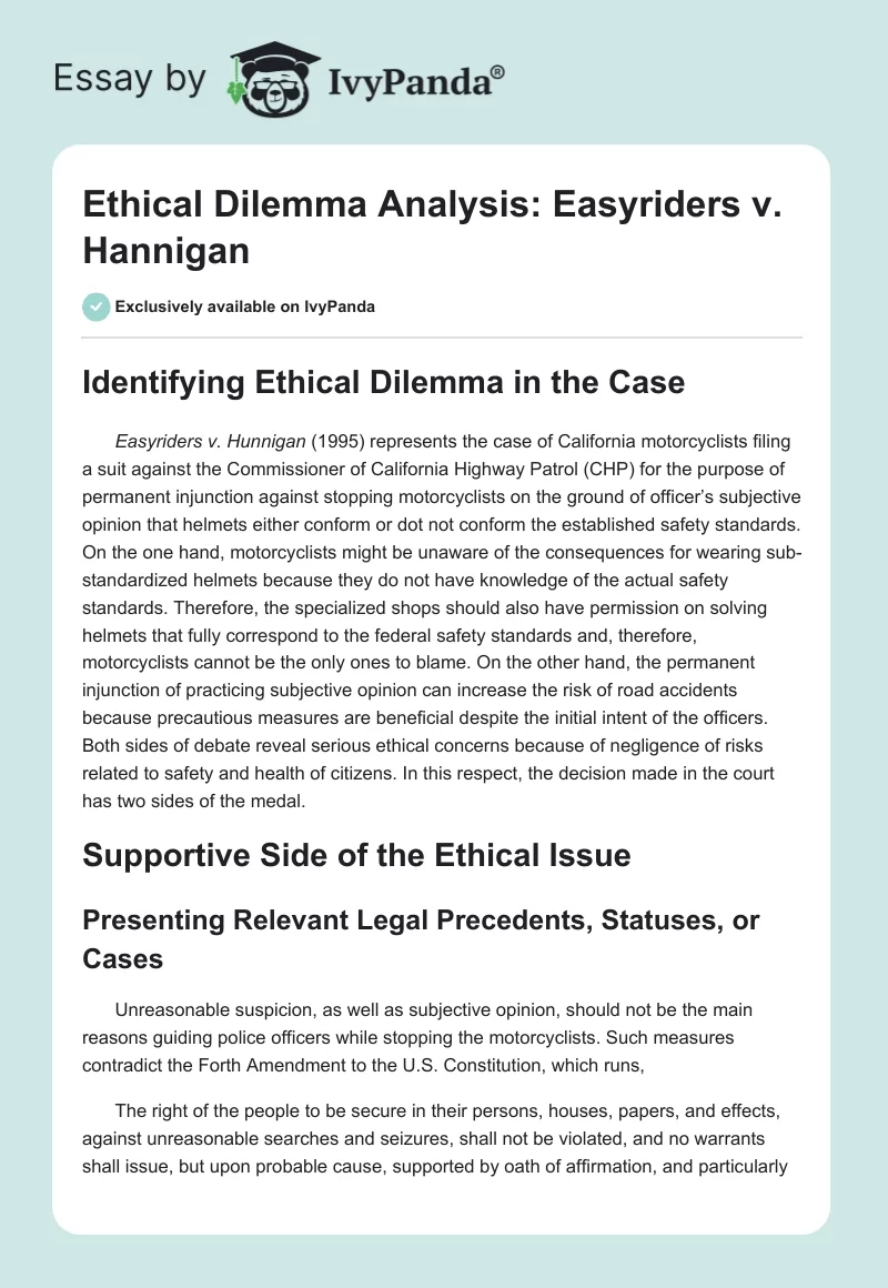Ethical Dilemma Analysis: Easyriders v. Hannigan. Page 1