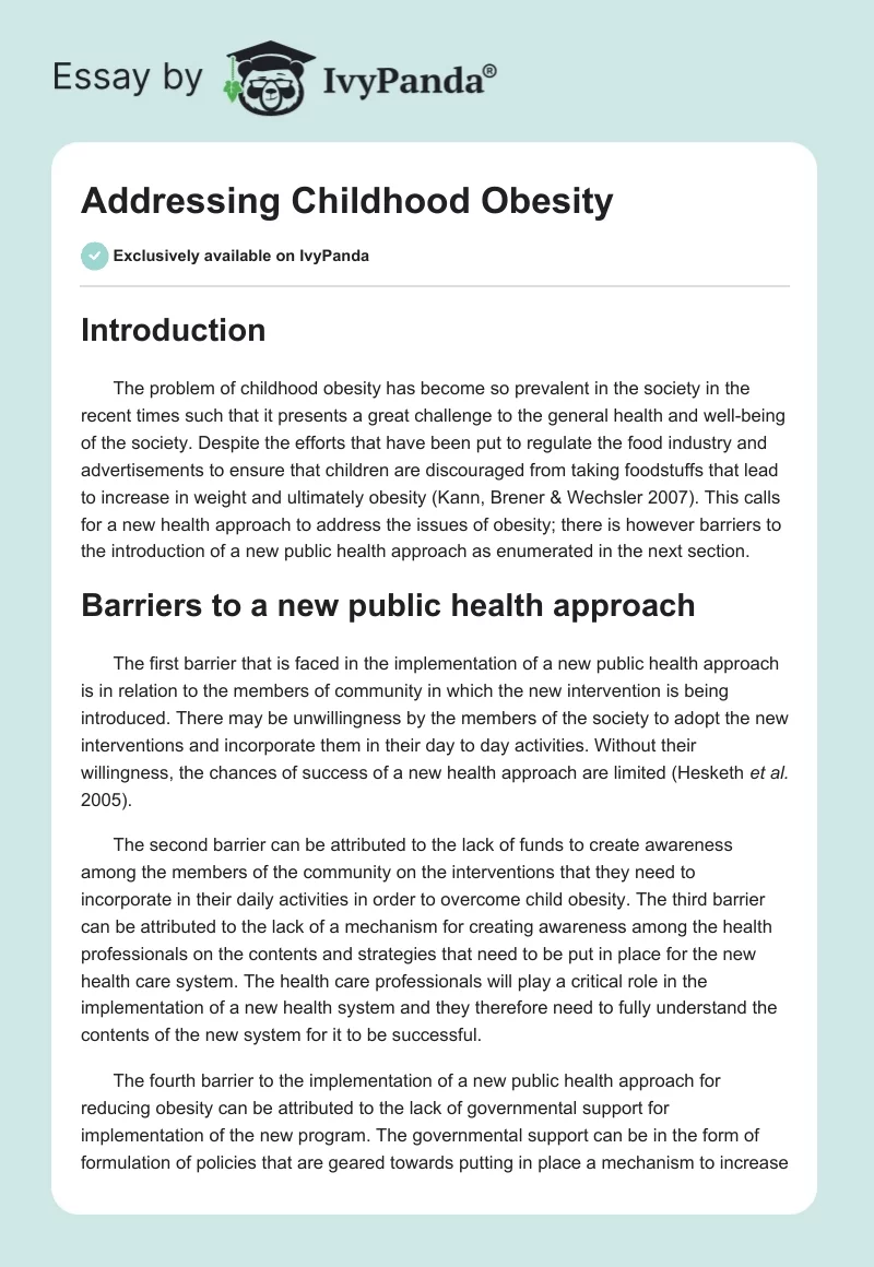Addressing Childhood Obesity. Page 1