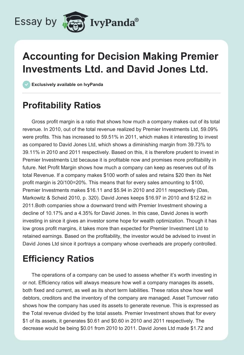 Accounting for Decision Making Premier Investments Ltd. and David Jones Ltd.. Page 1