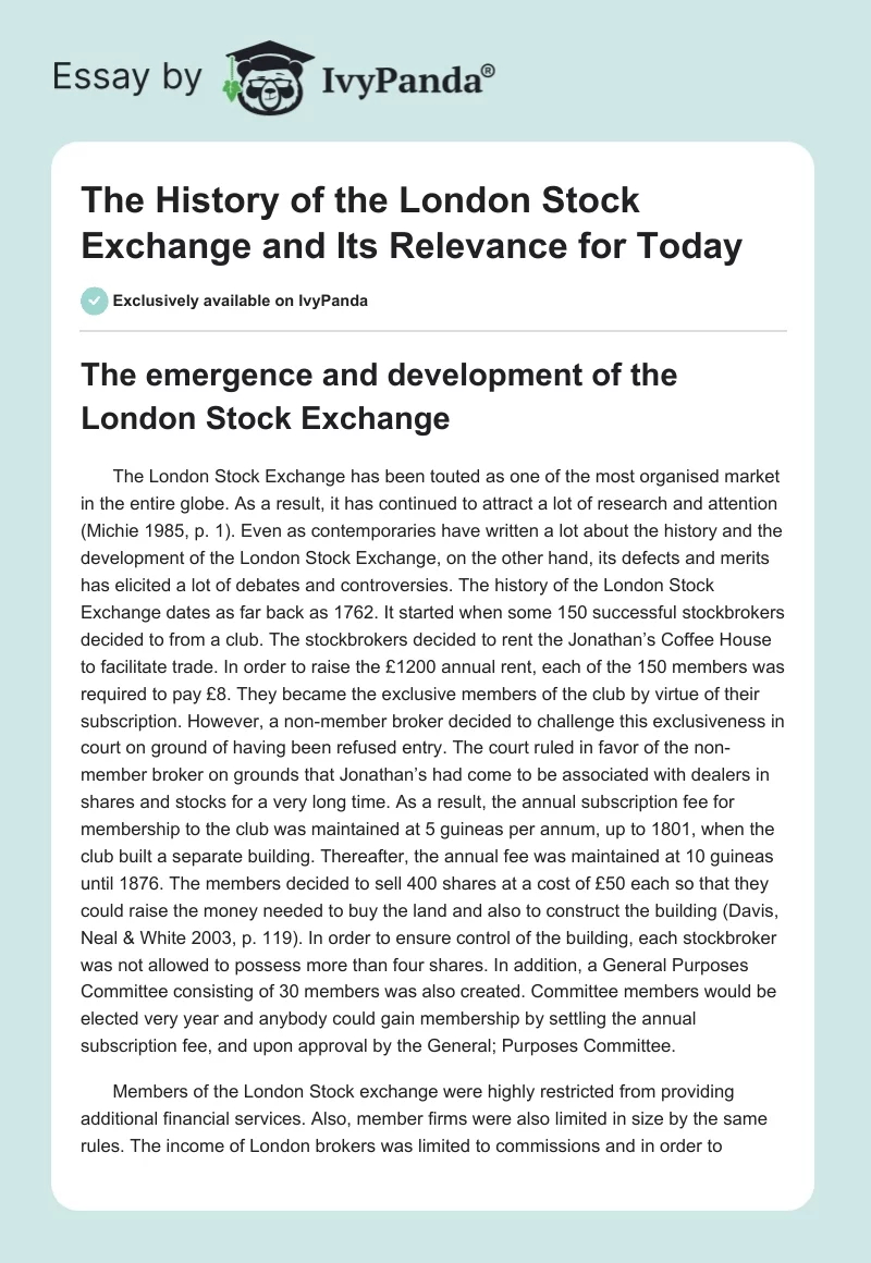 The History of the London Stock Exchange and Its Relevance for Today. Page 1