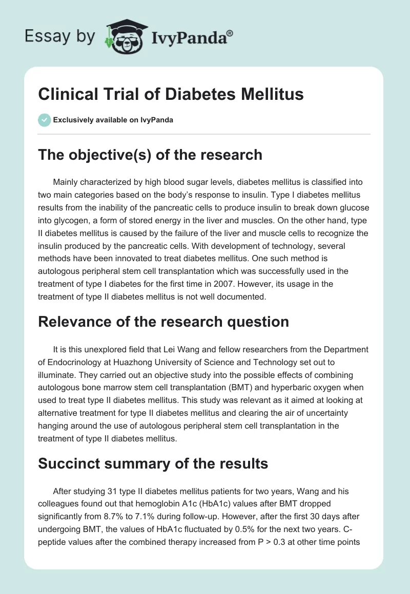 Clinical Trial of Diabetes Mellitus. Page 1
