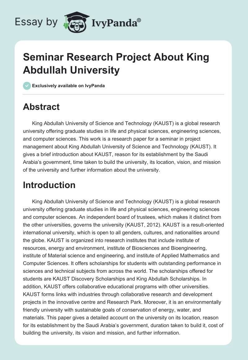 Seminar Research Project About King Abdullah University. Page 1