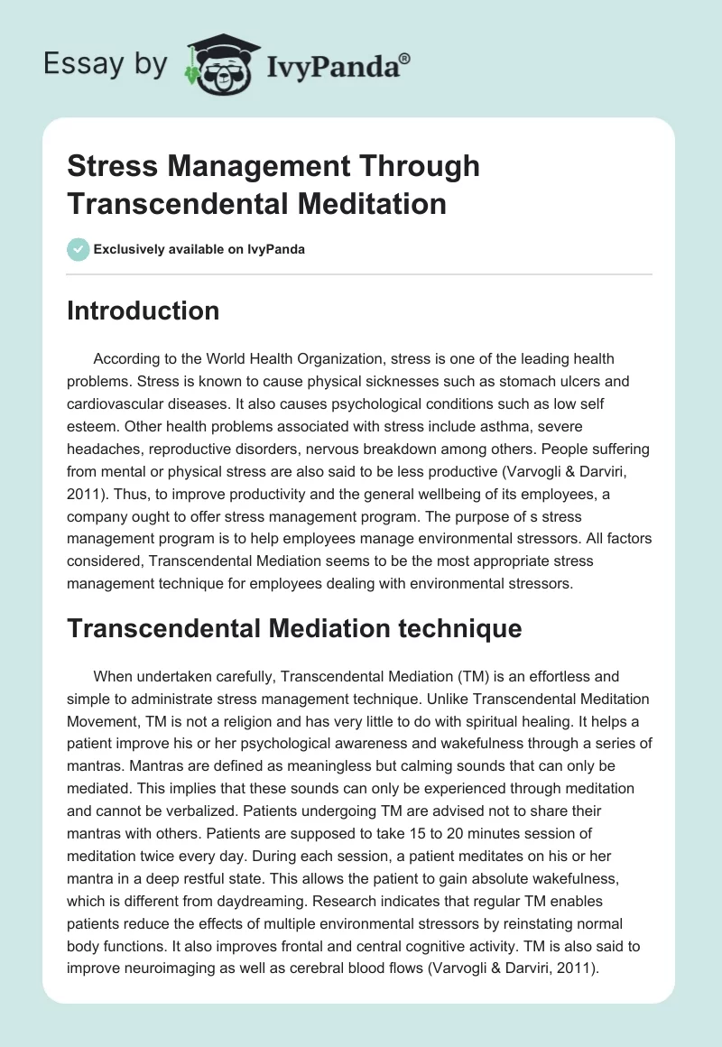 Stress Management Through Transcendental Meditation. Page 1