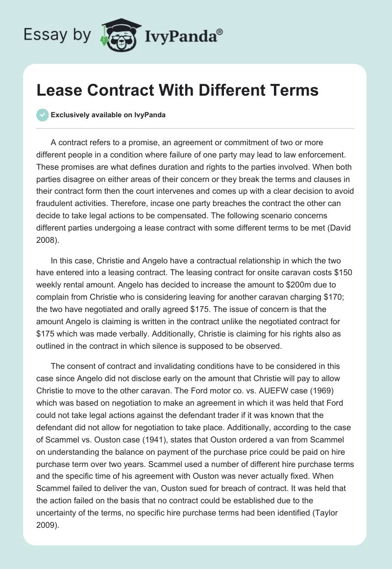 Lease Contract With Different Terms. Page 1