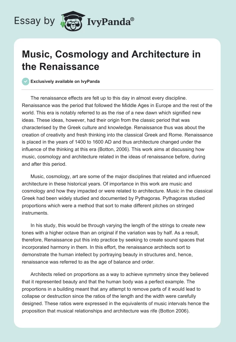 Music, Cosmology and Architecture in the Renaissance. Page 1