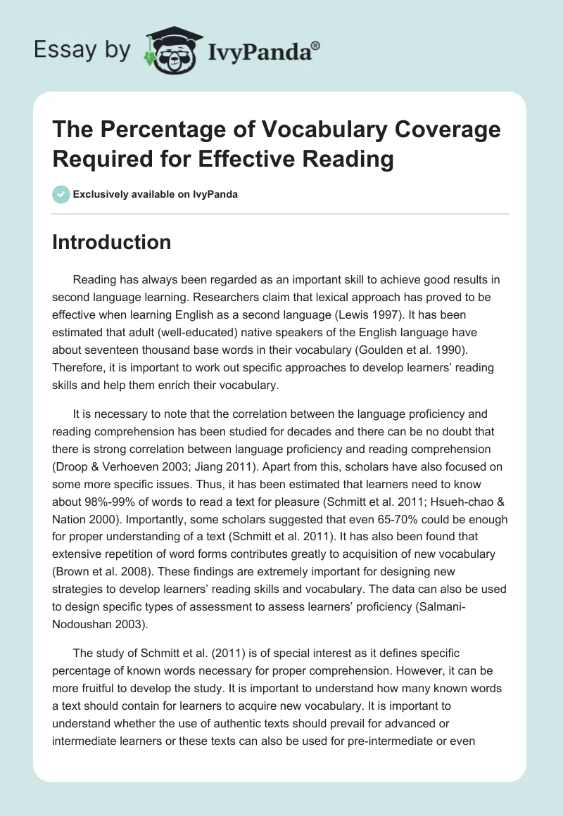The Percentage of Vocabulary Coverage Required for Effective Reading. Page 1