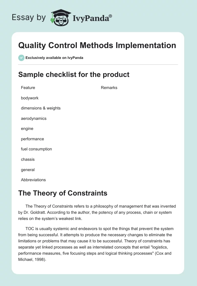 Quality Control Methods Implementation. Page 1