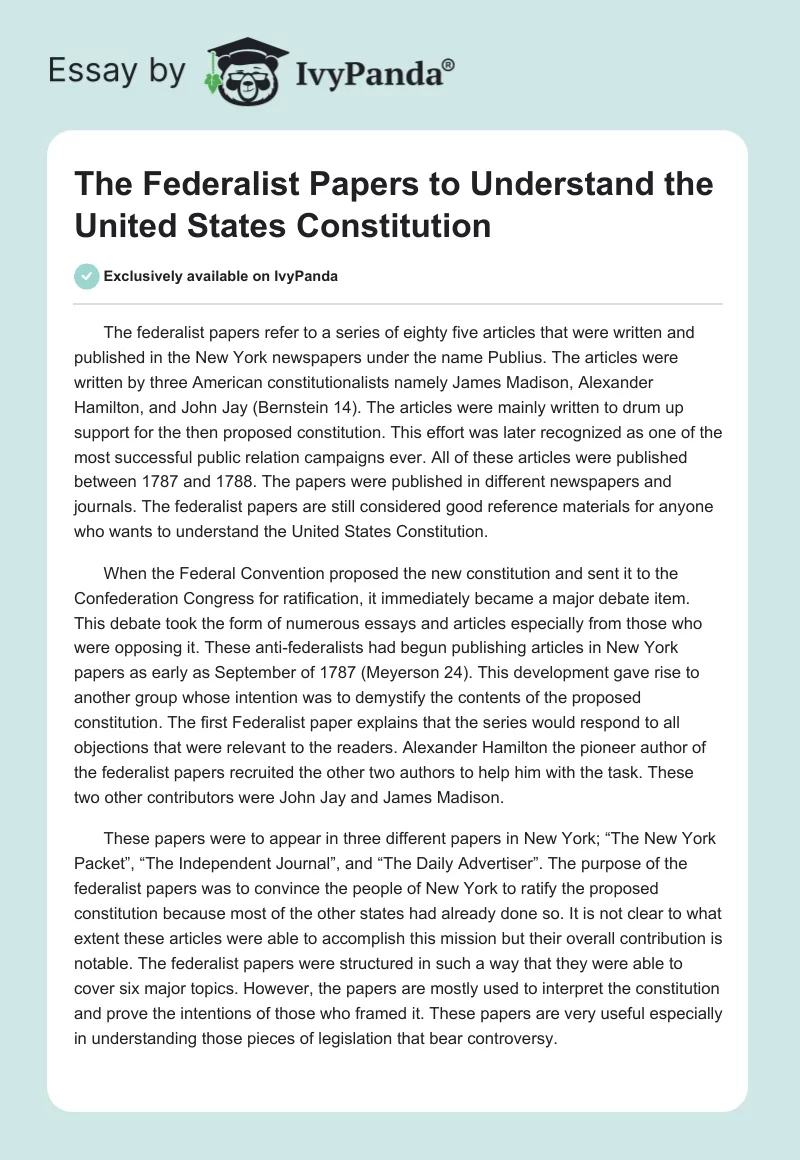 The Federalist Papers to Understand the United States Constitution. Page 1