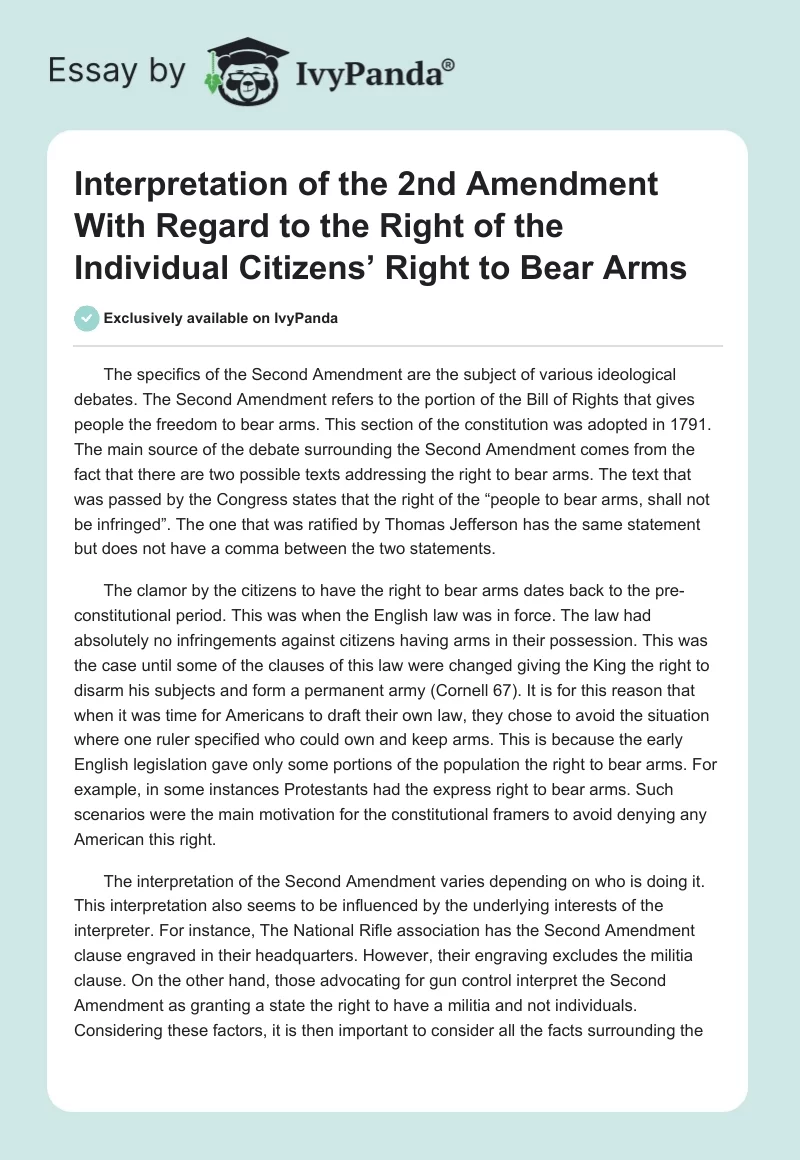 Interpretation of the 2nd Amendment With Regard to the Right of the Individual Citizens’ Right to Bear Arms. Page 1