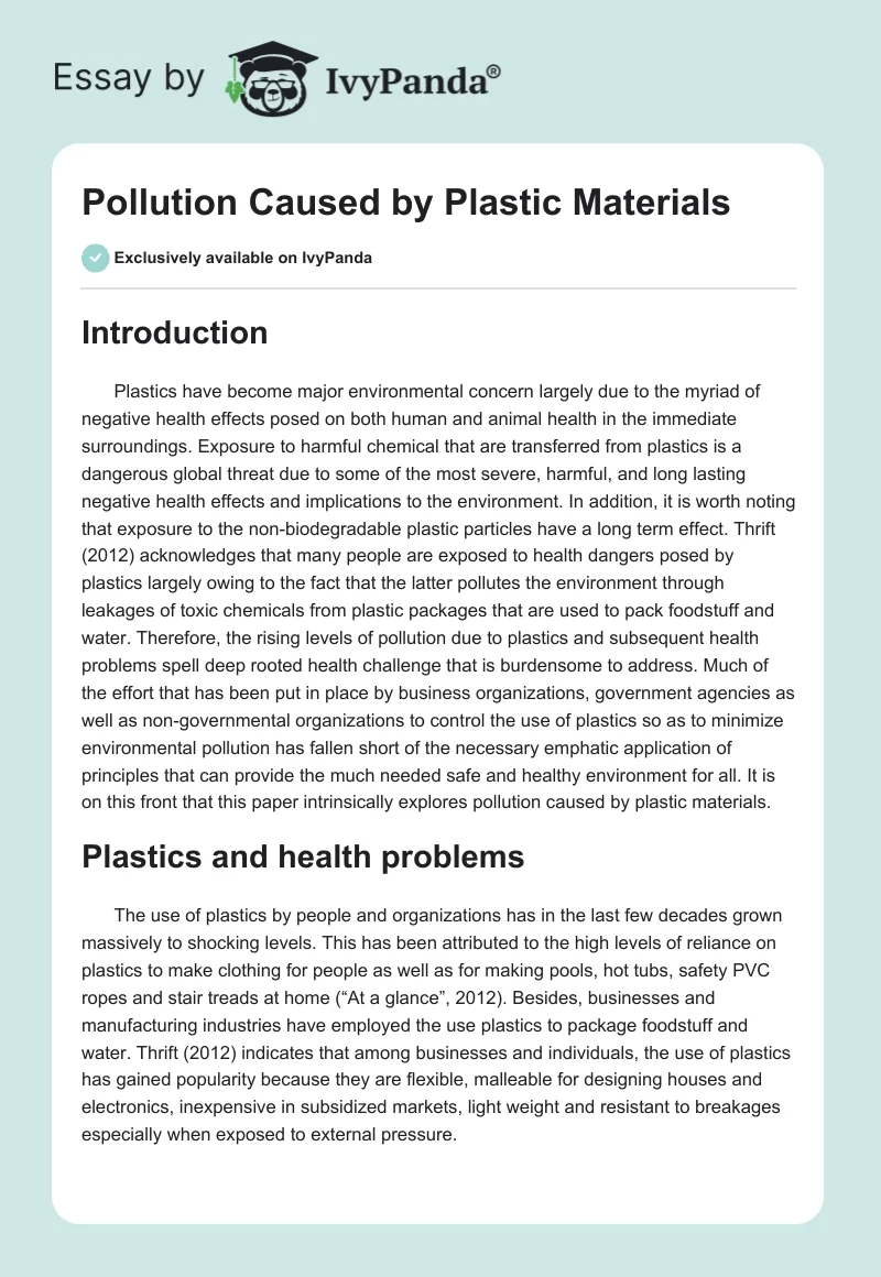 Pollution Caused by Plastic Materials. Page 1