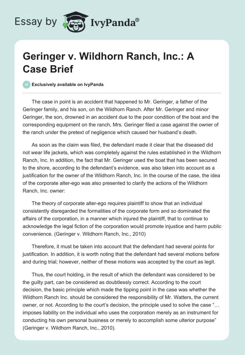 Geringer v. Wildhorn Ranch, Inc.: A Case Brief. Page 1