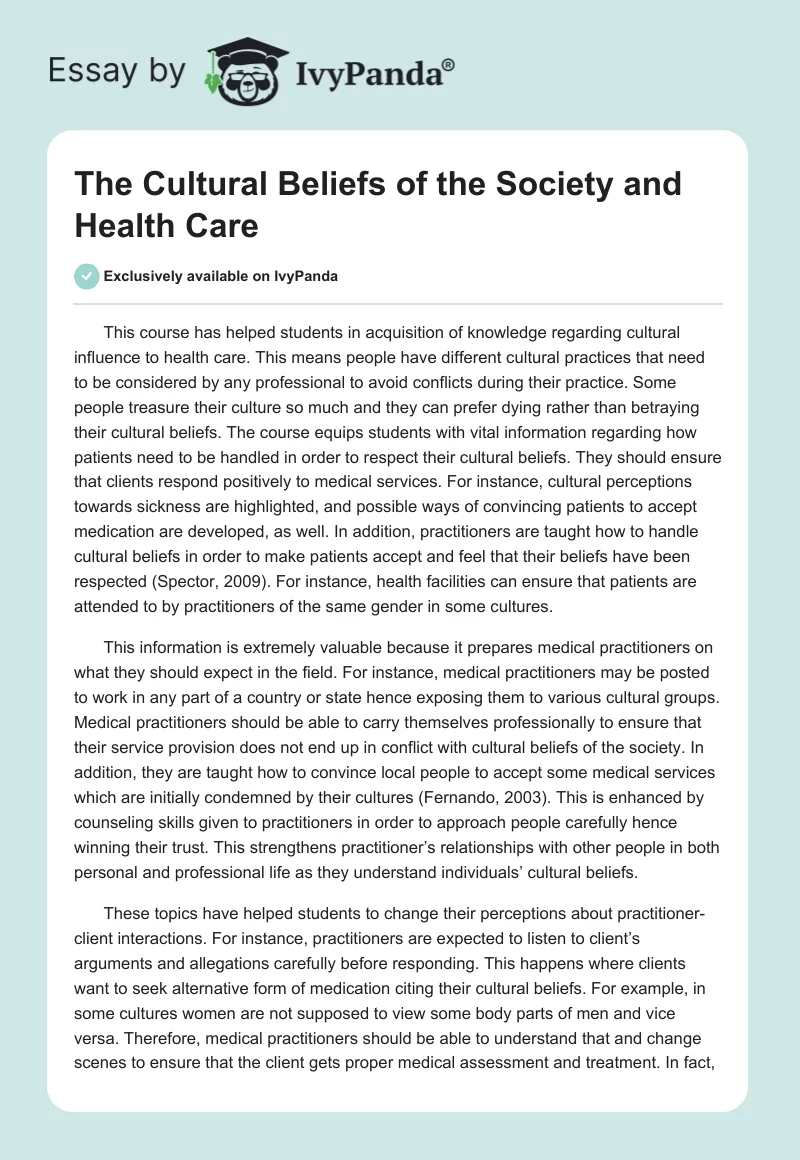 The Cultural Beliefs of the Society and Health Care. Page 1