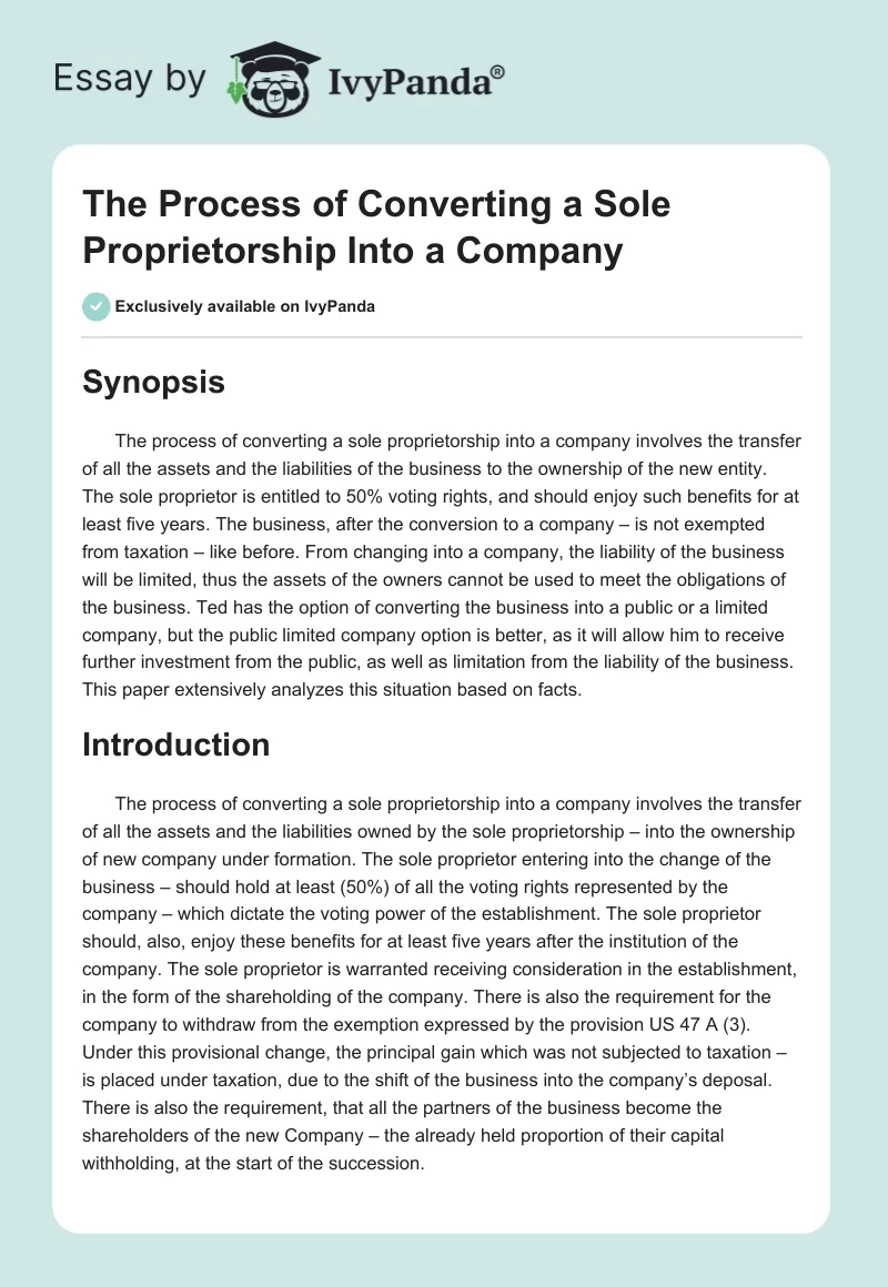 The Process of Converting a Sole Proprietorship Into a Company. Page 1