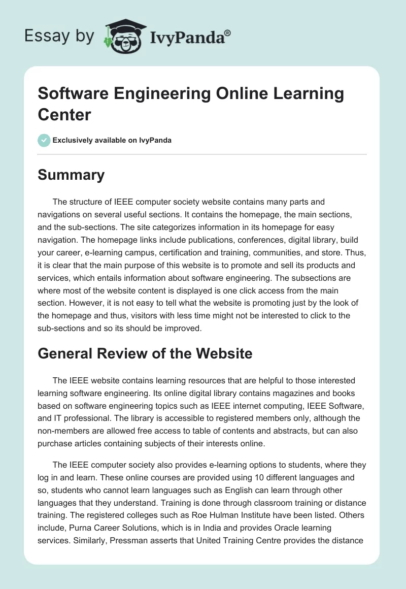 Software Engineering Online Learning Center. Page 1