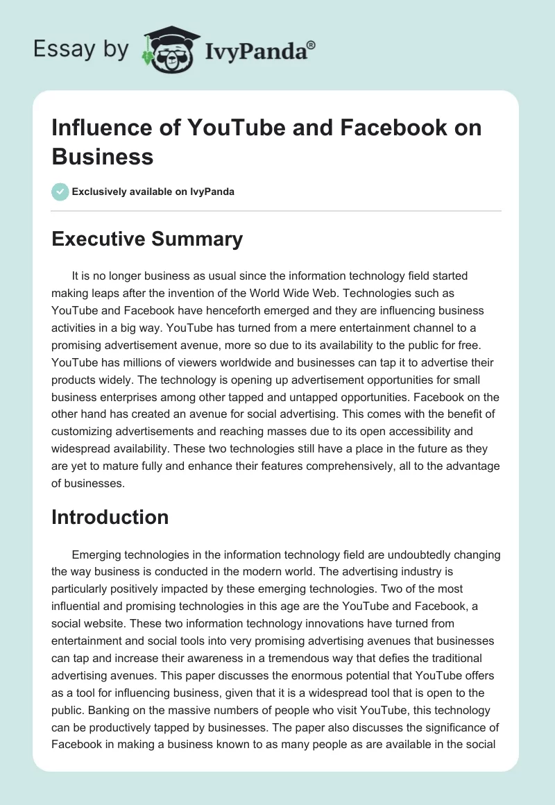 Influence of YouTube and Facebook on Business. Page 1