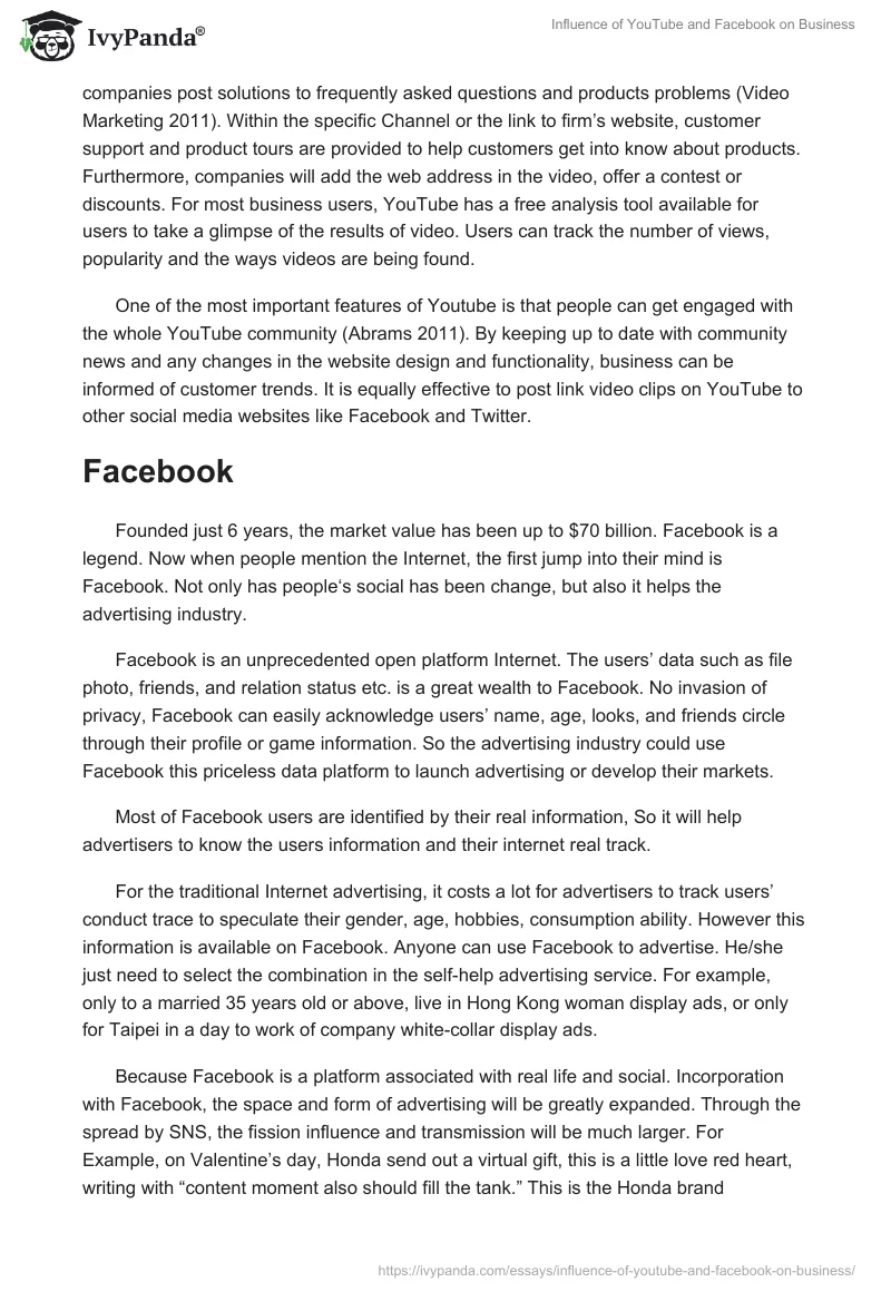 Influence of YouTube and Facebook on Business. Page 3