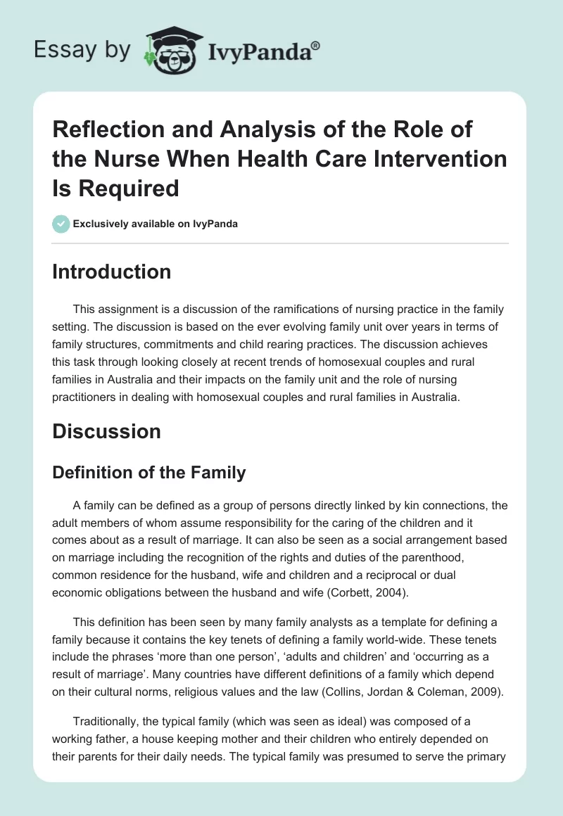 Reflection and Analysis of the Role of the Nurse When Health Care Intervention Is Required. Page 1