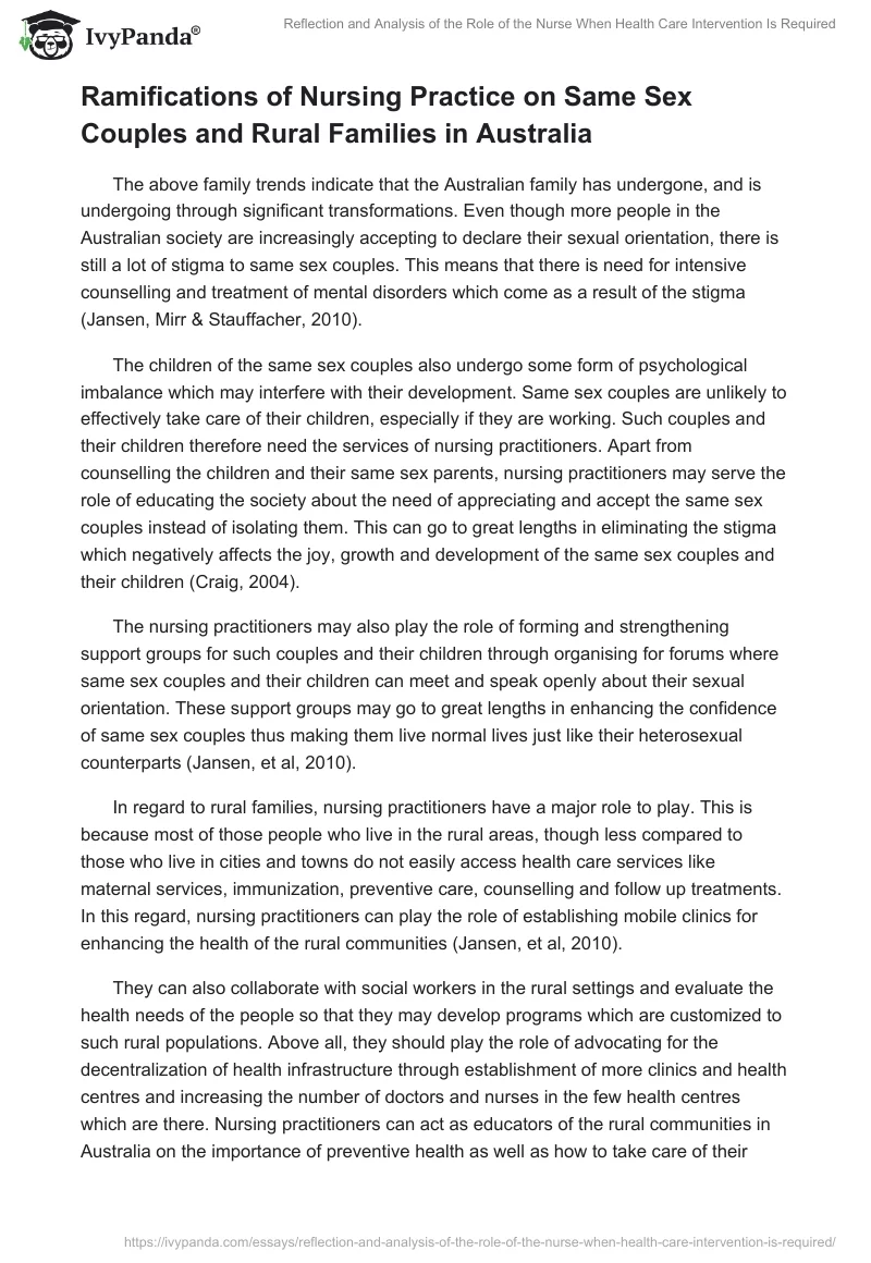 Reflection and Analysis of the Role of the Nurse When Health Care Intervention Is Required. Page 5