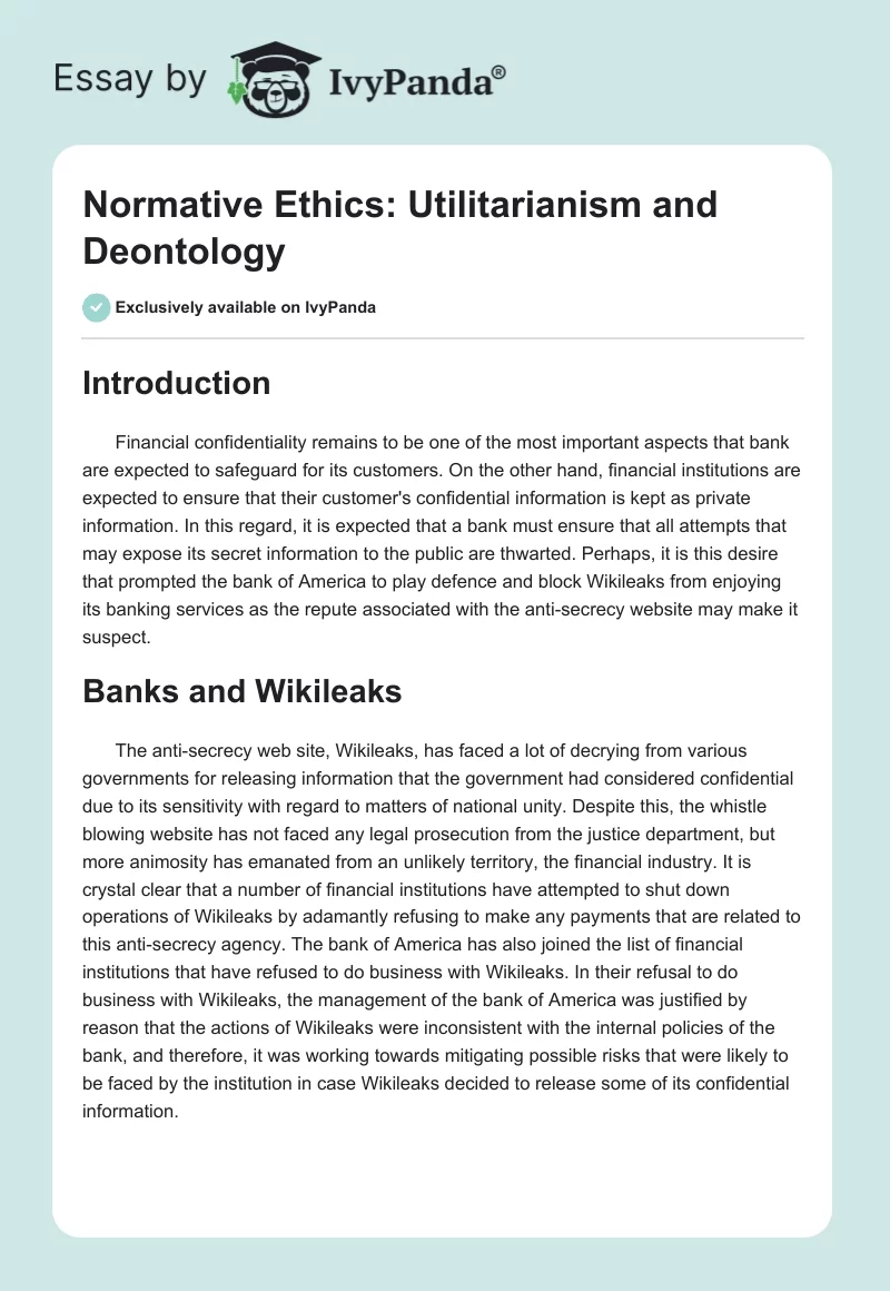 Normative Ethics: Utilitarianism and Deontology. Page 1