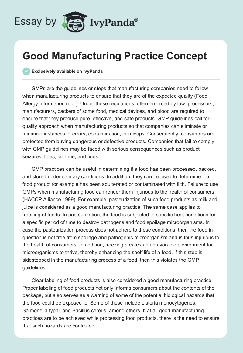 Good Manufacturing Practice Concept. Page 1
