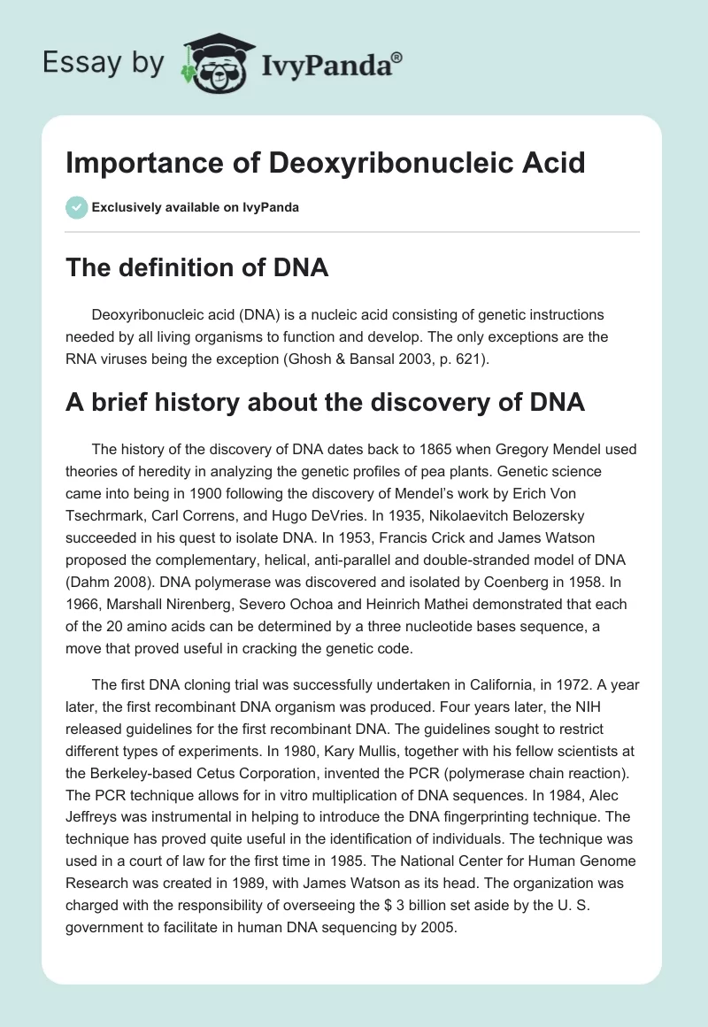 Importance of Deoxyribonucleic Acid. Page 1